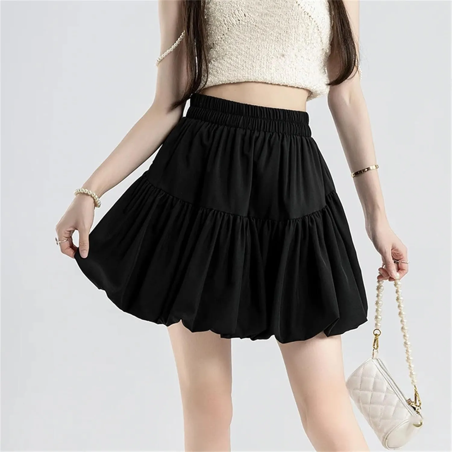 Women Summer Pleated Mini Skirt Casual High Waist Solid Color Party Short Skirt