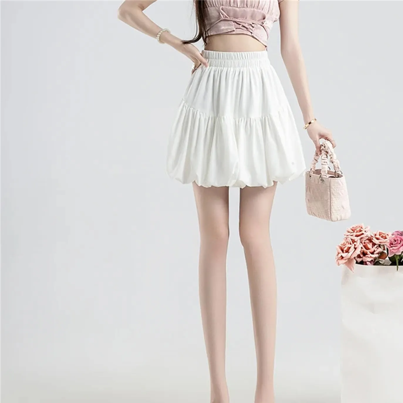Women Summer Pleated Mini Skirt Casual High Waist Solid Color Party Short Skirt