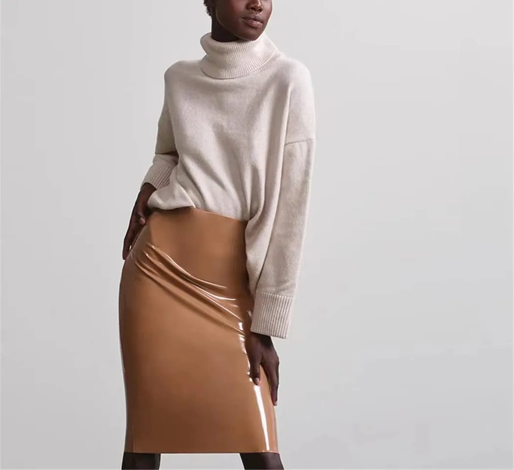 Women Summer Streetwear Sexy Faux Latex Patent Midi Skirt Rear Split High Waist Smoothing Leather Pencil Skirt