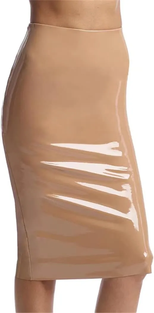 Women Summer Streetwear Sexy Faux Latex Patent Midi Skirt Rear Split High Waist Smoothing Leather Pencil Skirt