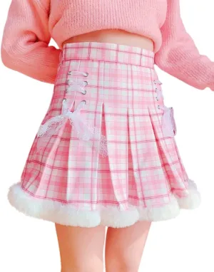 Women Teens Pleated Tennis Skirt High Waisted Mini Skater School Cute Plaid Lace Up Short A-line Skirts