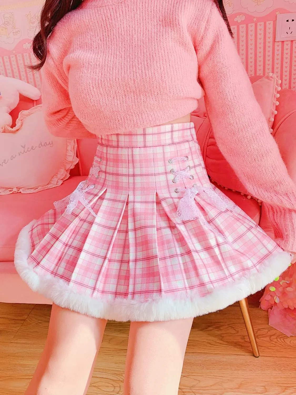Women Teens Pleated Tennis Skirt High Waisted Mini Skater School Cute Plaid Lace Up Short A-line Skirts