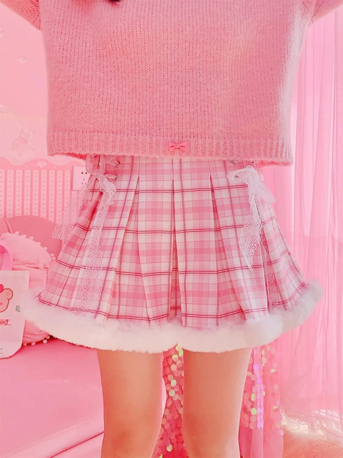 Women Teens Pleated Tennis Skirt High Waisted Mini Skater School Cute Plaid Lace Up Short A-line Skirts