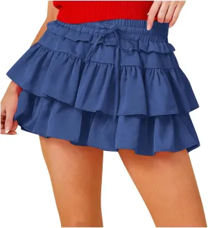 Women Tiered Layer Ruffle Hem Mini Skirt, High Waisted Elastic Drawstring Streetwear Trendy Clothes Club Party Skirts