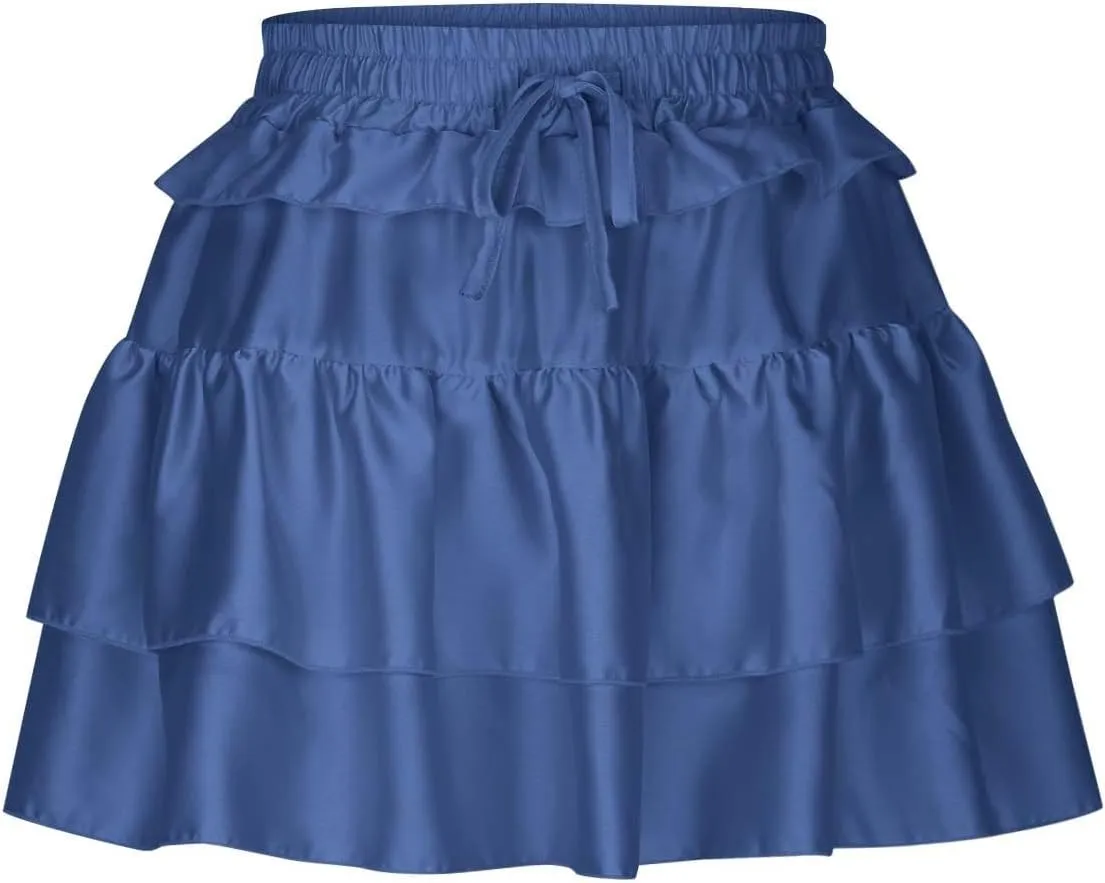 Women Tiered Layer Ruffle Hem Mini Skirt, High Waisted Elastic Drawstring Streetwear Trendy Clothes Club Party Skirts