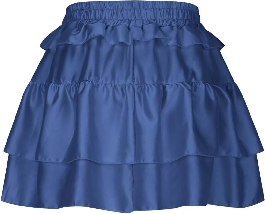 Women Tiered Layer Ruffle Hem Mini Skirt, High Waisted Elastic Drawstring Streetwear Trendy Clothes Club Party Skirts