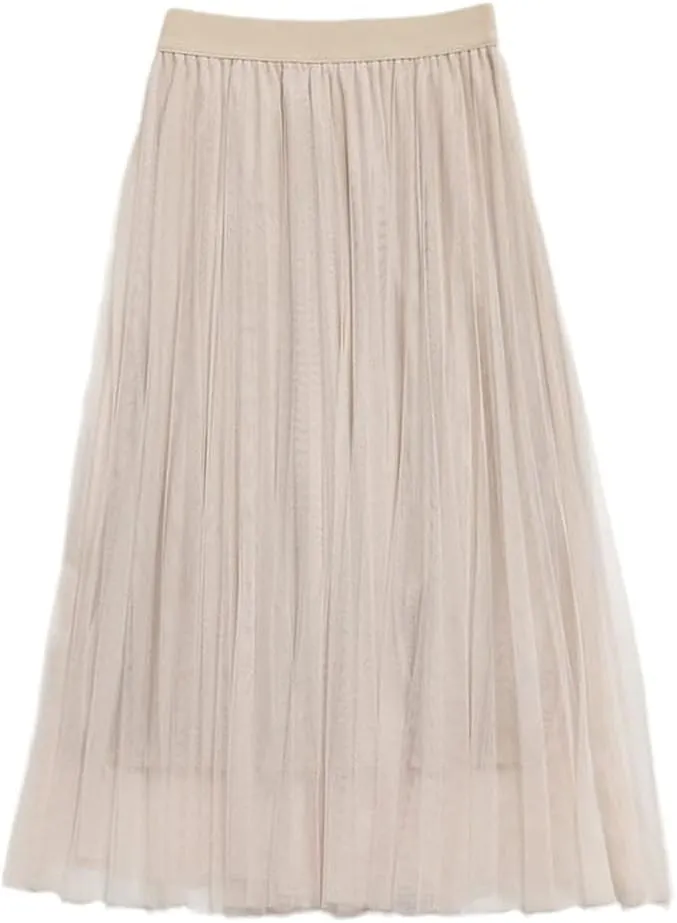Women Tulle Pleated Skirt, High Waist Mesh Midi Skirt, Black White Pink Sweet Fairy Skirts