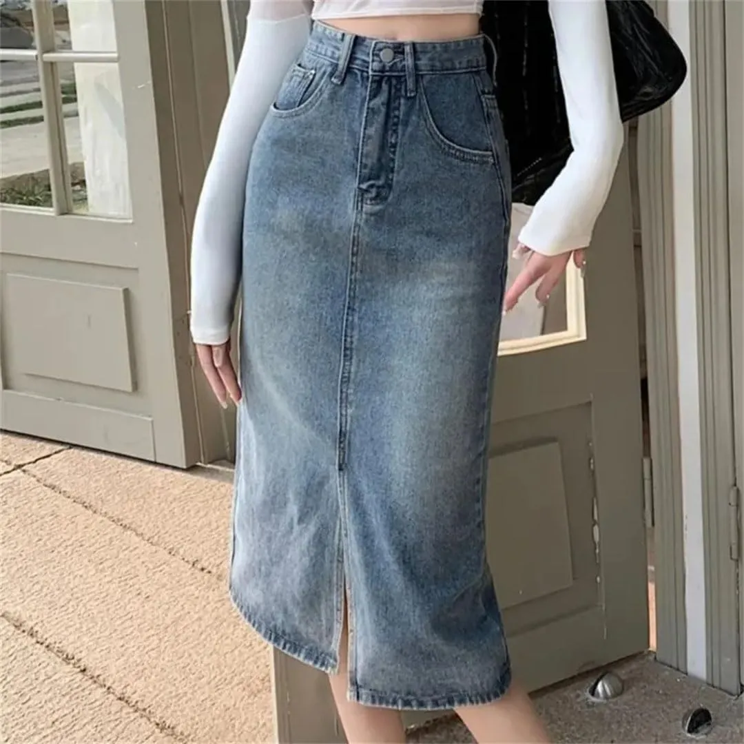 Women Version Retro High-Waisted Split Denim Jeans Skirt Loose Thin Long A-Line Bag Hip Skirt Jeans