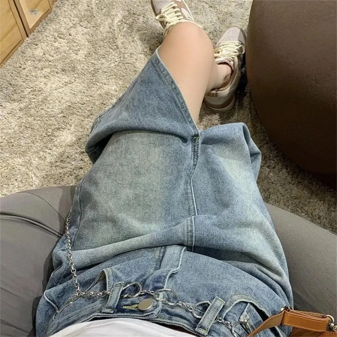 Women Version Retro High-Waisted Split Denim Jeans Skirt Loose Thin Long A-Line Bag Hip Skirt Jeans