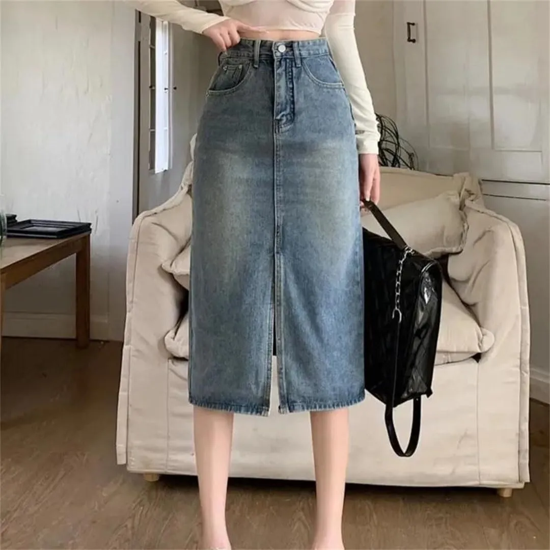 Women Version Retro High-Waisted Split Denim Jeans Skirt Loose Thin Long A-Line Bag Hip Skirt Jeans