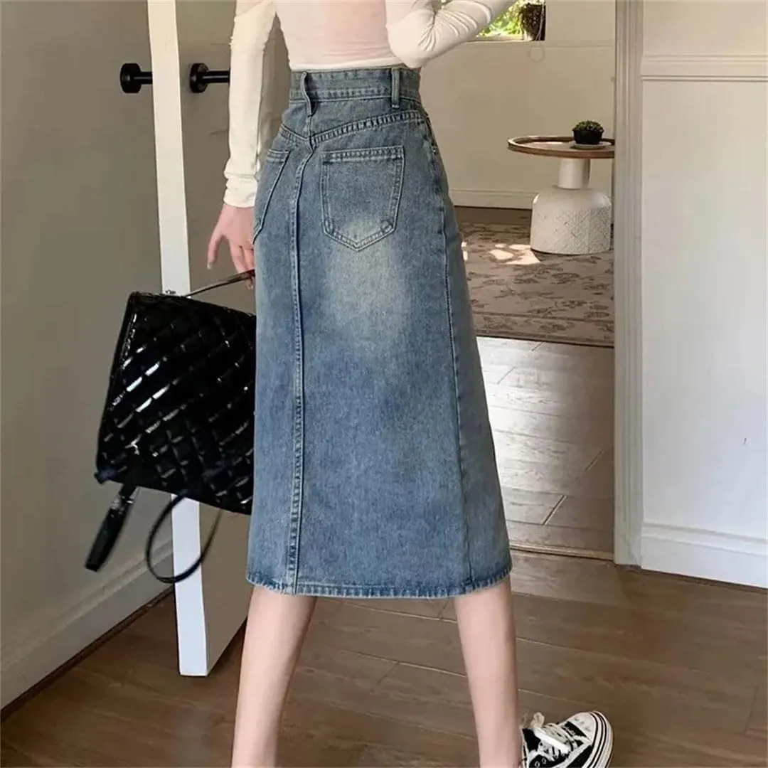 Women Version Retro High-Waisted Split Denim Jeans Skirt Loose Thin Long A-Line Bag Hip Skirt Jeans