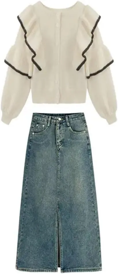 Women Version Retro High-Waisted Split Denim Jeans Skirt Loose Thin Long A-Line Bag Hip Skirt Jeans