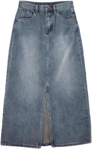 Women Version Retro High-Waisted Split Denim Jeans Skirt Loose Thin Long A-Line Bag Hip Skirt Jeans
