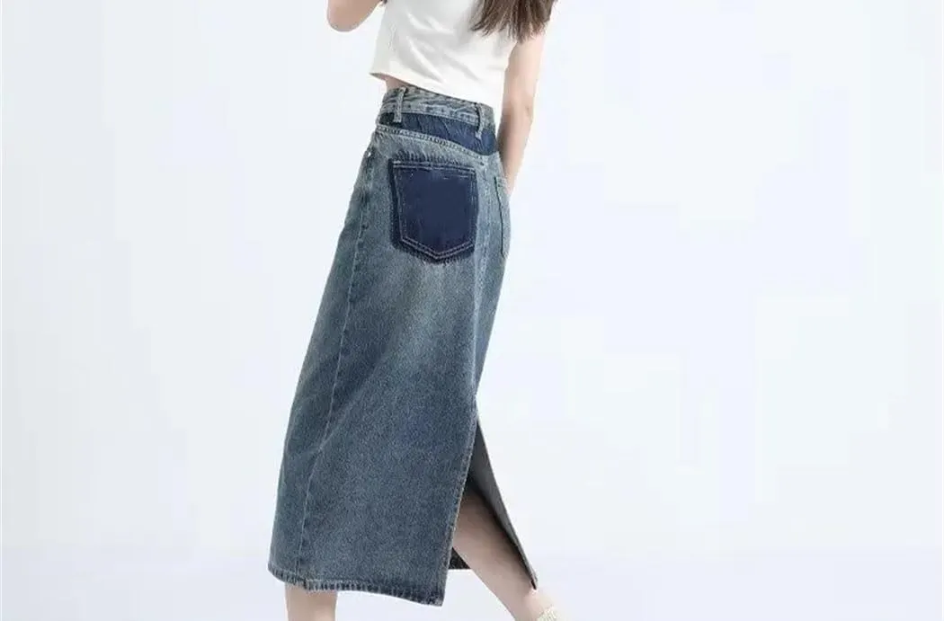 Women Vintage Casual Denim Skirt Fashion High Waisted Slimming Back Split A-Line Skirt