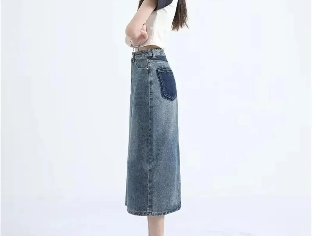 Women Vintage Casual Denim Skirt Fashion High Waisted Slimming Back Split A-Line Skirt