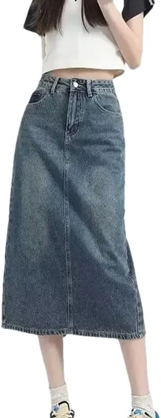 Women Vintage Casual Denim Skirt Fashion High Waisted Slimming Back Split A-Line Skirt