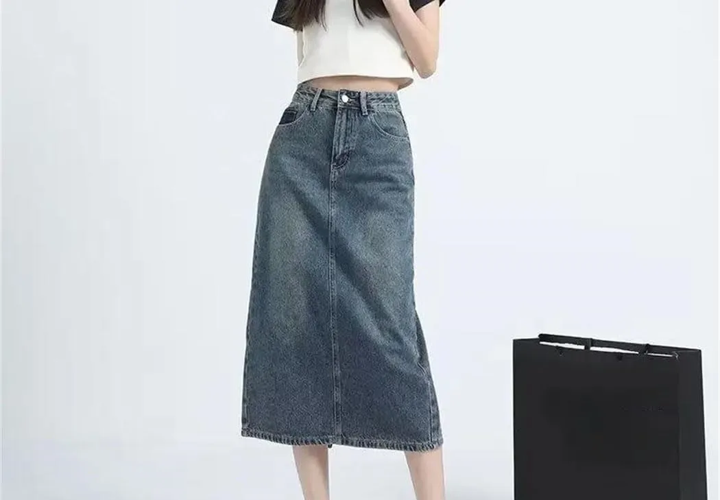 Women Vintage Casual Denim Skirt Fashion High Waisted Slimming Back Split A-Line Skirt