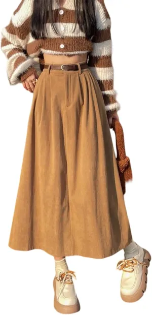 Women Vintage Fall Corduroy Long Skirt w/Belt Flowy A-Line Pleated Maxi Dress Japanese Style Cottagecore Midi Skirts