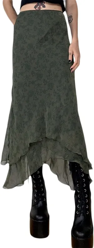 Women Vintage Floral Midi Skirt High Waist A-Line Pleated Fairy Long Skirt 90s E-Girl Grunge Streetwear