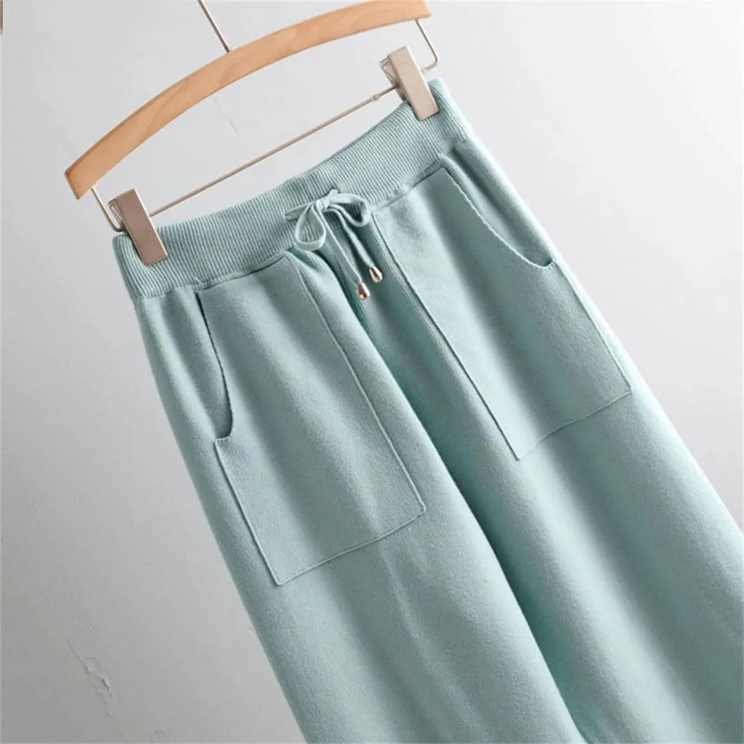 Women Waist Drawstring Thick Knitted Harem Pants Autumn Winter Sport Sweater Loose Trousers