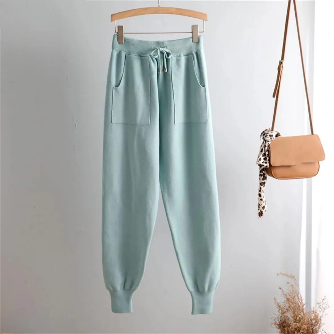 Women Waist Drawstring Thick Knitted Harem Pants Autumn Winter Sport Sweater Loose Trousers
