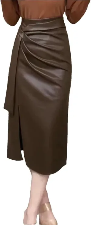 Women Winter Fashion Zipper Pleated Skirt Office Lady High Waist Midi Slim A-Line PU Leather Skirt