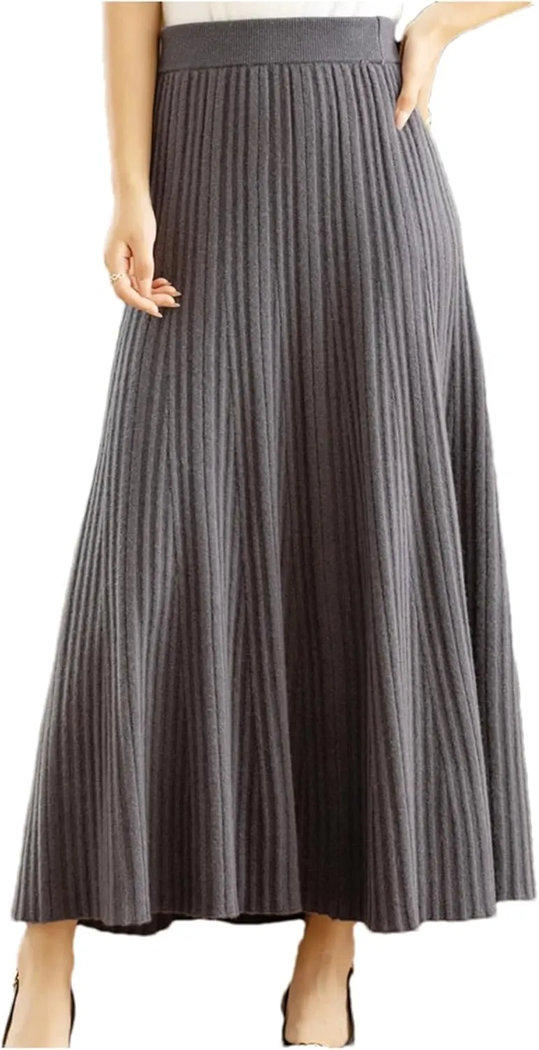 Women Winter Wool Skirt Long Pleated Skirt Merino Wool Knitwear Grace Soft Korean Style Skirt