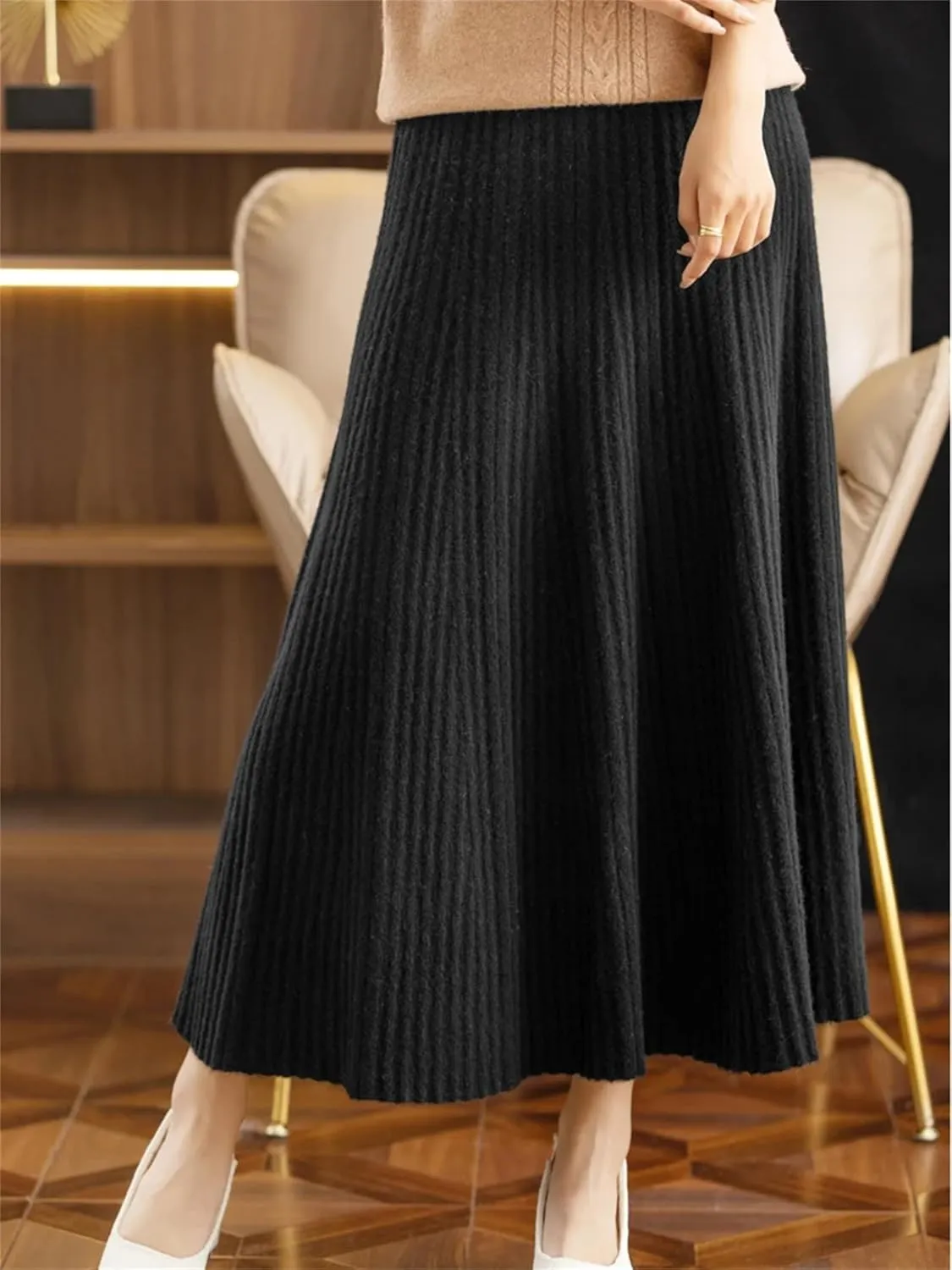 Women Winter Wool Skirt Long Pleated Skirt Merino Wool Knitwear Grace Soft Korean Style Skirt