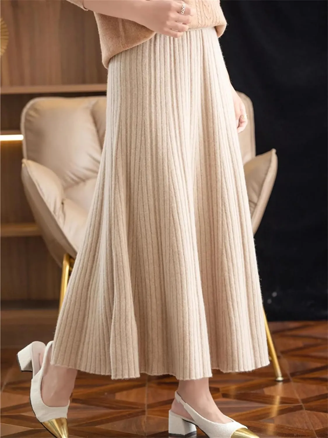 Women Winter Wool Skirt Long Pleated Skirt Merino Wool Knitwear Grace Soft Korean Style Skirt