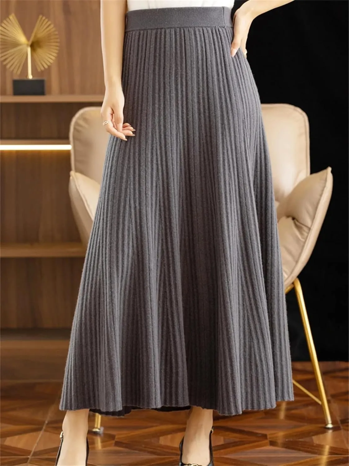 Women Winter Wool Skirt Long Pleated Skirt Merino Wool Knitwear Grace Soft Korean Style Skirt