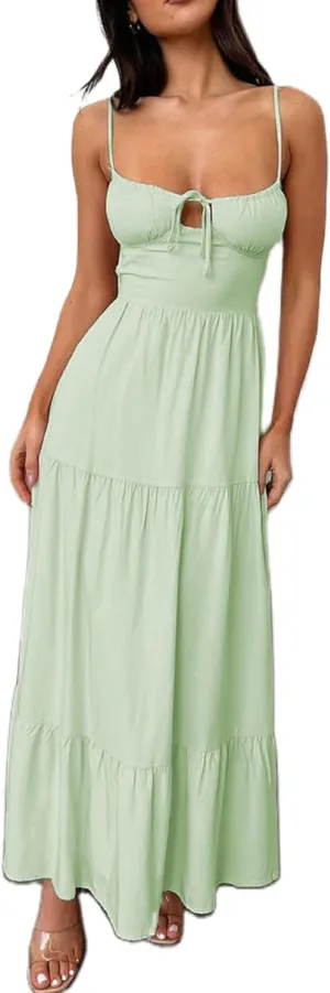 Women Y2k Bodycon Maxi Dress Open Back Flowy Long Dress Low Cut Spaghetti Strap Sundress Summer Sexy Clubwear