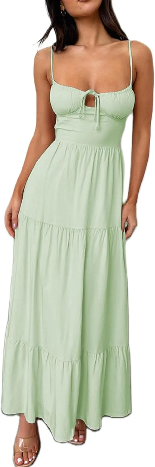 Women Y2k Bodycon Maxi Dress Open Back Flowy Long Dress Low Cut Spaghetti Strap Sundress Summer Sexy Clubwear