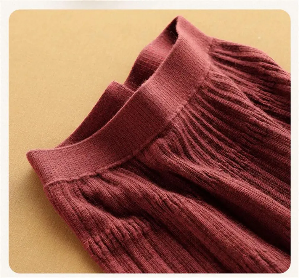 Women's 100 Percent Solid Cashmere Midi Skirt Elastic Waist Pleated A-Line Skirts Fashion Textured Knitted Weekend Skirt