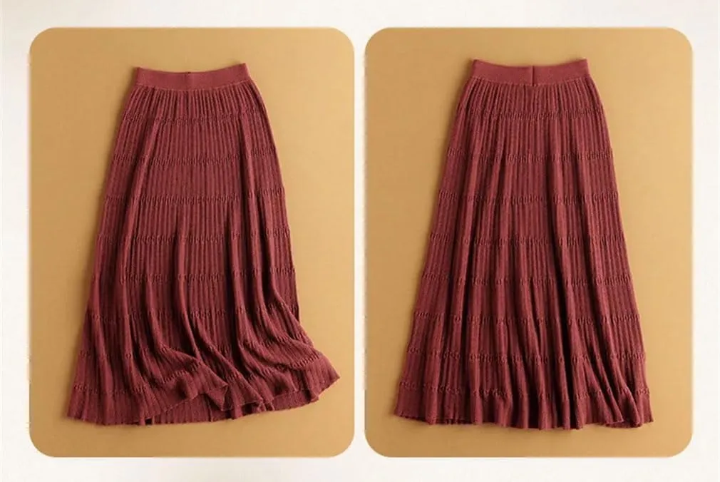 Women's 100 Percent Solid Cashmere Midi Skirt Elastic Waist Pleated A-Line Skirts Fashion Textured Knitted Weekend Skirt