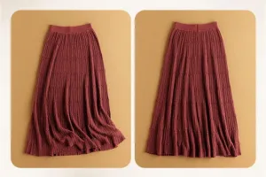 Women's 100 Percent Solid Cashmere Midi Skirt Elastic Waist Pleated A-Line Skirts Fashion Textured Knitted Weekend Skirt