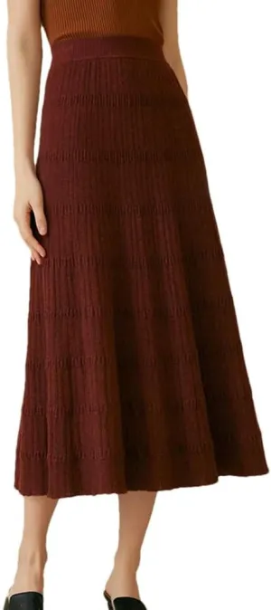 Women's 100 Percent Solid Cashmere Midi Skirt Elastic Waist Pleated A-Line Skirts Fashion Textured Knitted Weekend Skirt