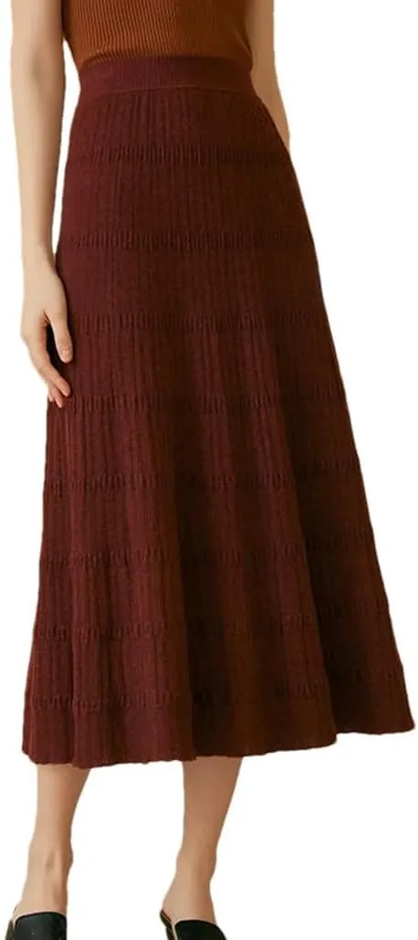 Women's 100 Percent Solid Cashmere Midi Skirt Elastic Waist Pleated A-Line Skirts Fashion Textured Knitted Weekend Skirt