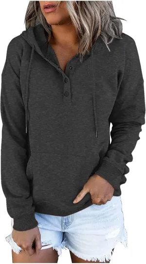 Womens 2024 Button Collar Hoodies Hooded Drawstring Pullover Sweatshirts Casual Long Sleeve Fall Fashion Shirts Top