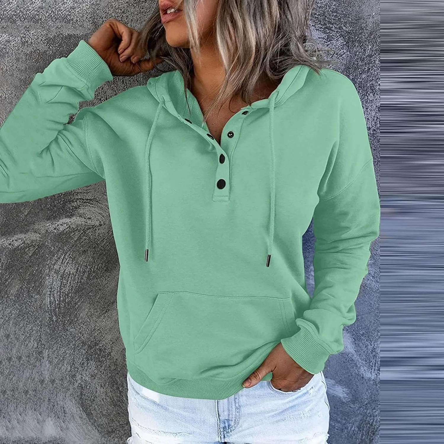 Womens 2024 Button Collar Hoodies Hooded Drawstring Pullover Sweatshirts Casual Long Sleeve Fall Fashion Shirts Top