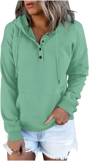 Womens 2024 Button Collar Hoodies Hooded Drawstring Pullover Sweatshirts Casual Long Sleeve Fall Fashion Shirts Top