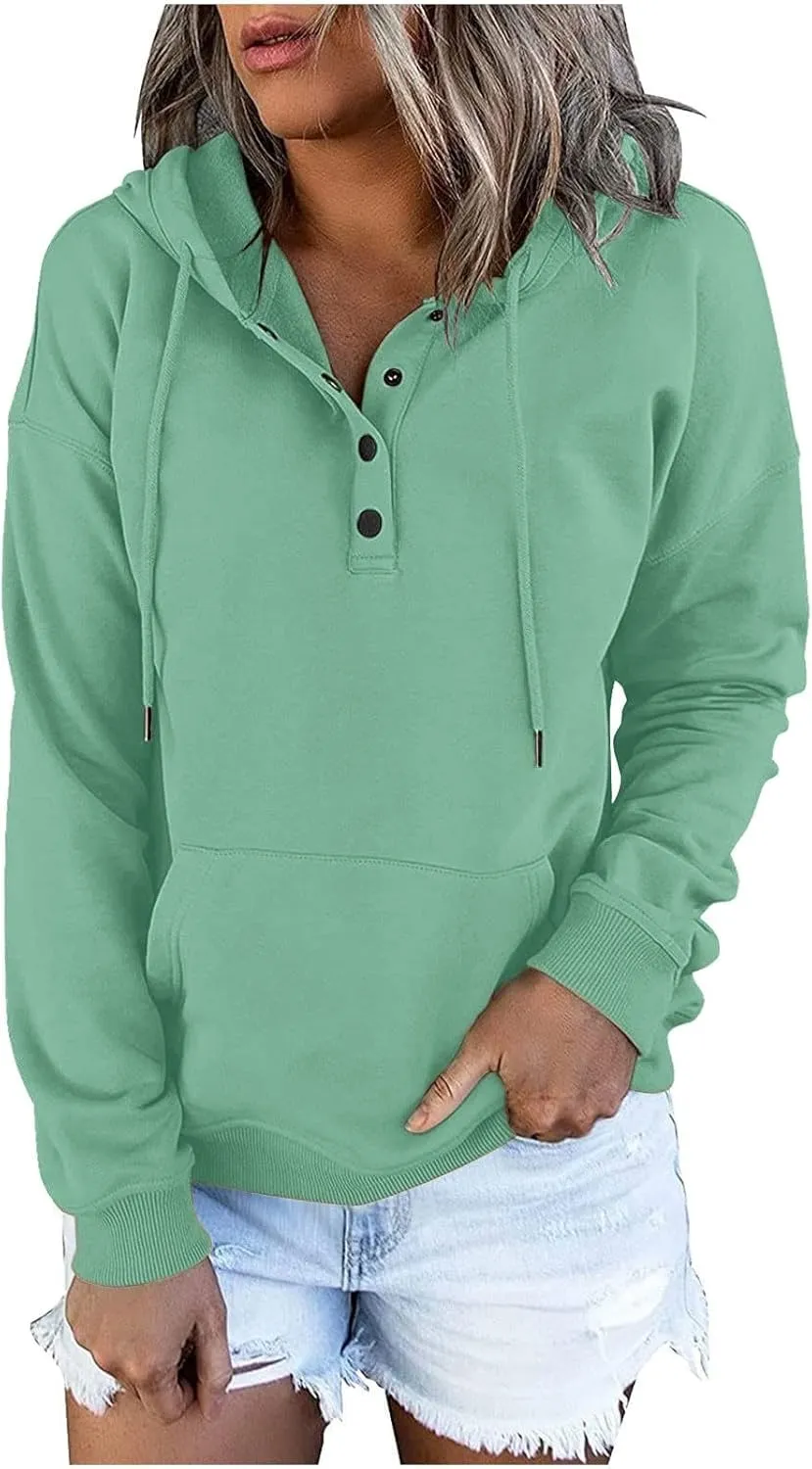 Womens 2024 Button Collar Hoodies Hooded Drawstring Pullover Sweatshirts Casual Long Sleeve Fall Fashion Shirts Top