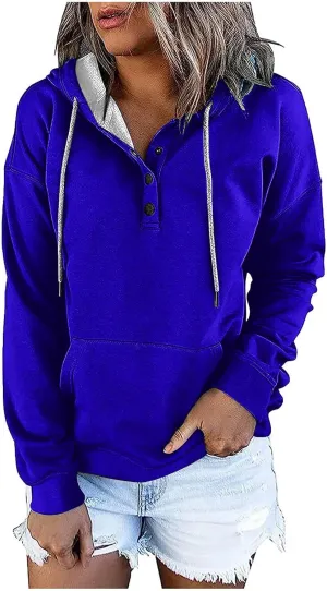 Womens 2024 Button Collar Hoodies Hooded Drawstring Pullover Sweatshirts Casual Long Sleeve Fall Fashion Shirts Top