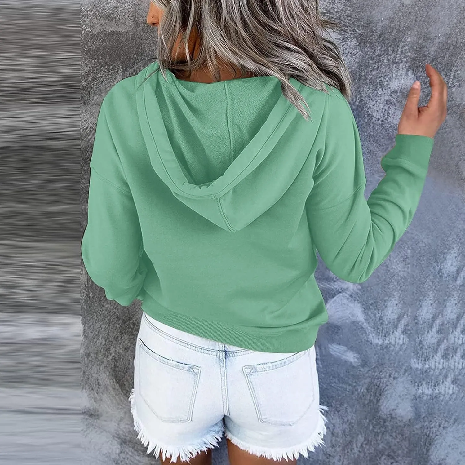 Womens 2024 Button Collar Hoodies Hooded Drawstring Pullover Sweatshirts Casual Long Sleeve Fall Fashion Shirts Top