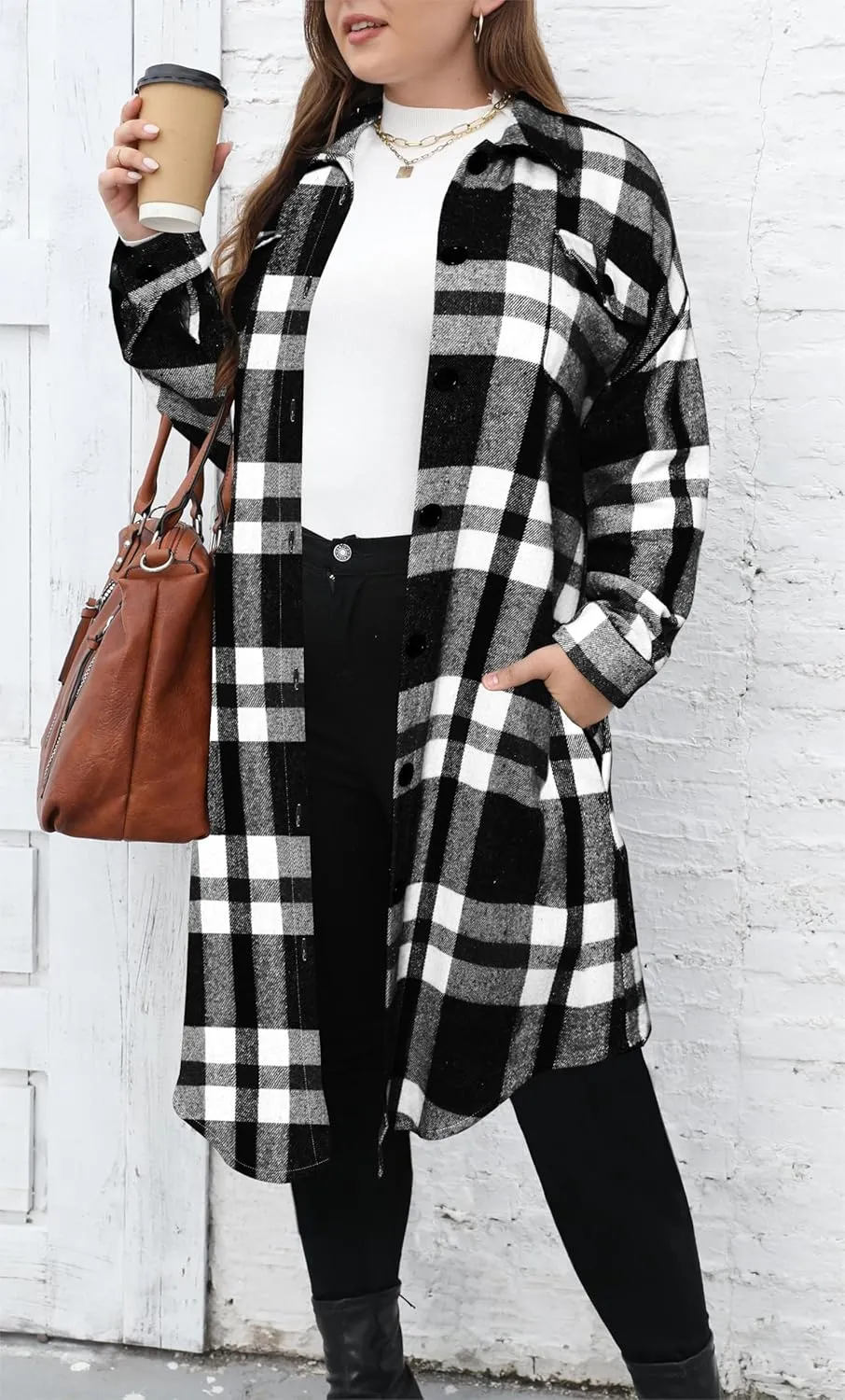 Women's 2025 Plus Size Plaid Flannel Shacket Loose Fit Long Shirts Jacket Tartan Boyfriend Oversized Coat