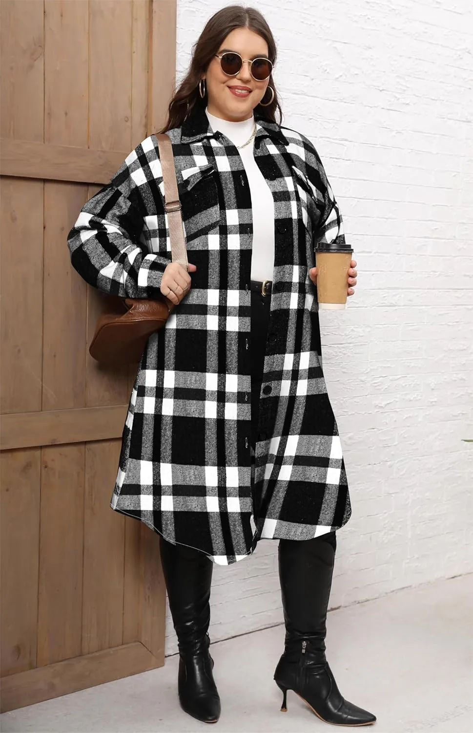 Women's 2025 Plus Size Plaid Flannel Shacket Loose Fit Long Shirts Jacket Tartan Boyfriend Oversized Coat