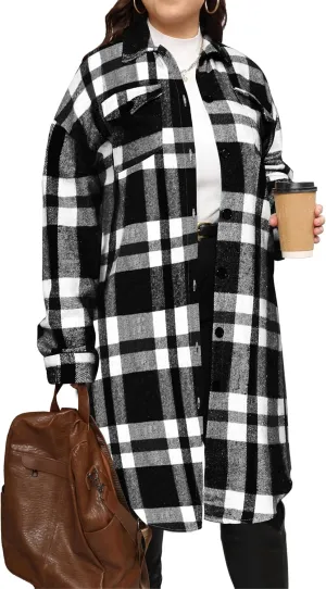 Women's 2025 Plus Size Plaid Flannel Shacket Loose Fit Long Shirts Jacket Tartan Boyfriend Oversized Coat