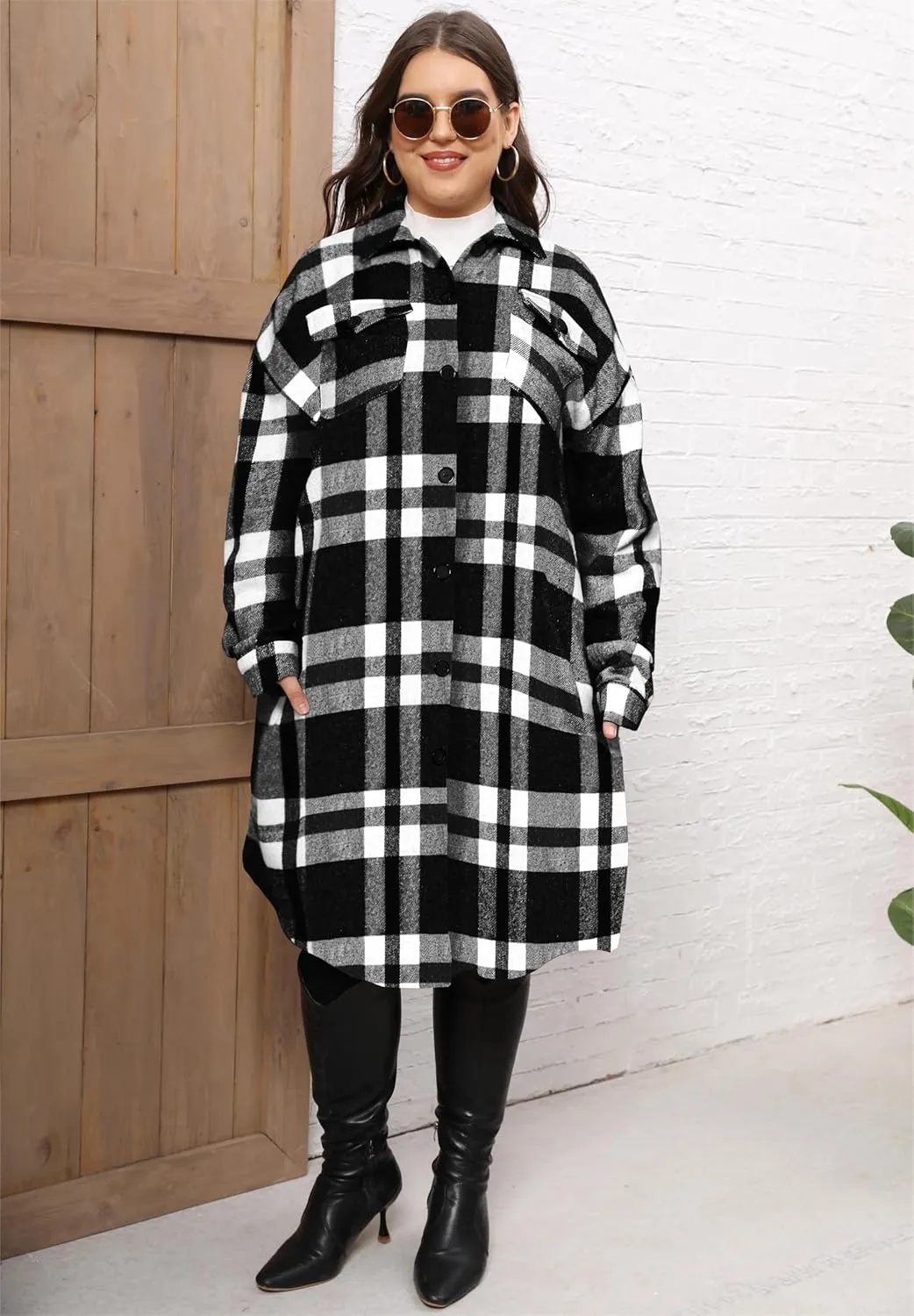 Women's 2025 Plus Size Plaid Flannel Shacket Loose Fit Long Shirts Jacket Tartan Boyfriend Oversized Coat