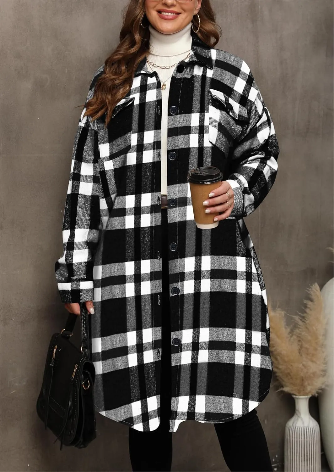 Women's 2025 Plus Size Plaid Flannel Shacket Loose Fit Long Shirts Jacket Tartan Boyfriend Oversized Coat