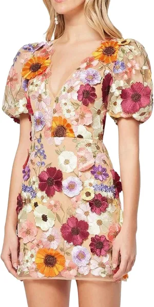 Women's 3D Floral Embroidery Dress Ruffle Sleeve Deep V Lace Bodycon Party Cocktail Mini Dress(Apricot-3XL)