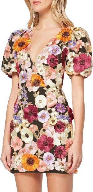 Women's 3D Floral Embroidery Dress Ruffle Sleeve Deep V Lace Bodycon Party Cocktail Mini Dress(Black-XXL)